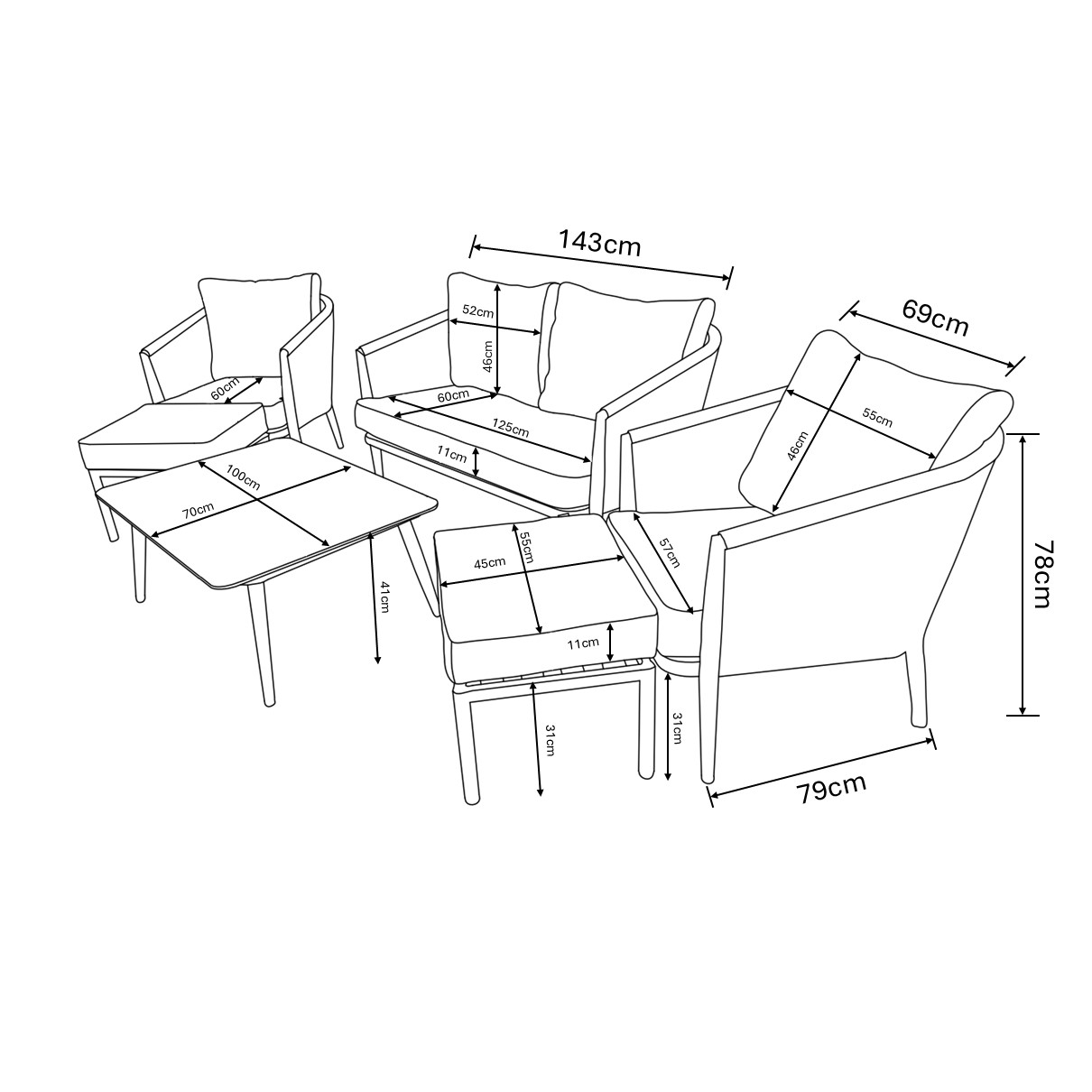 Portico 2 Seat Lounge Set dimensions